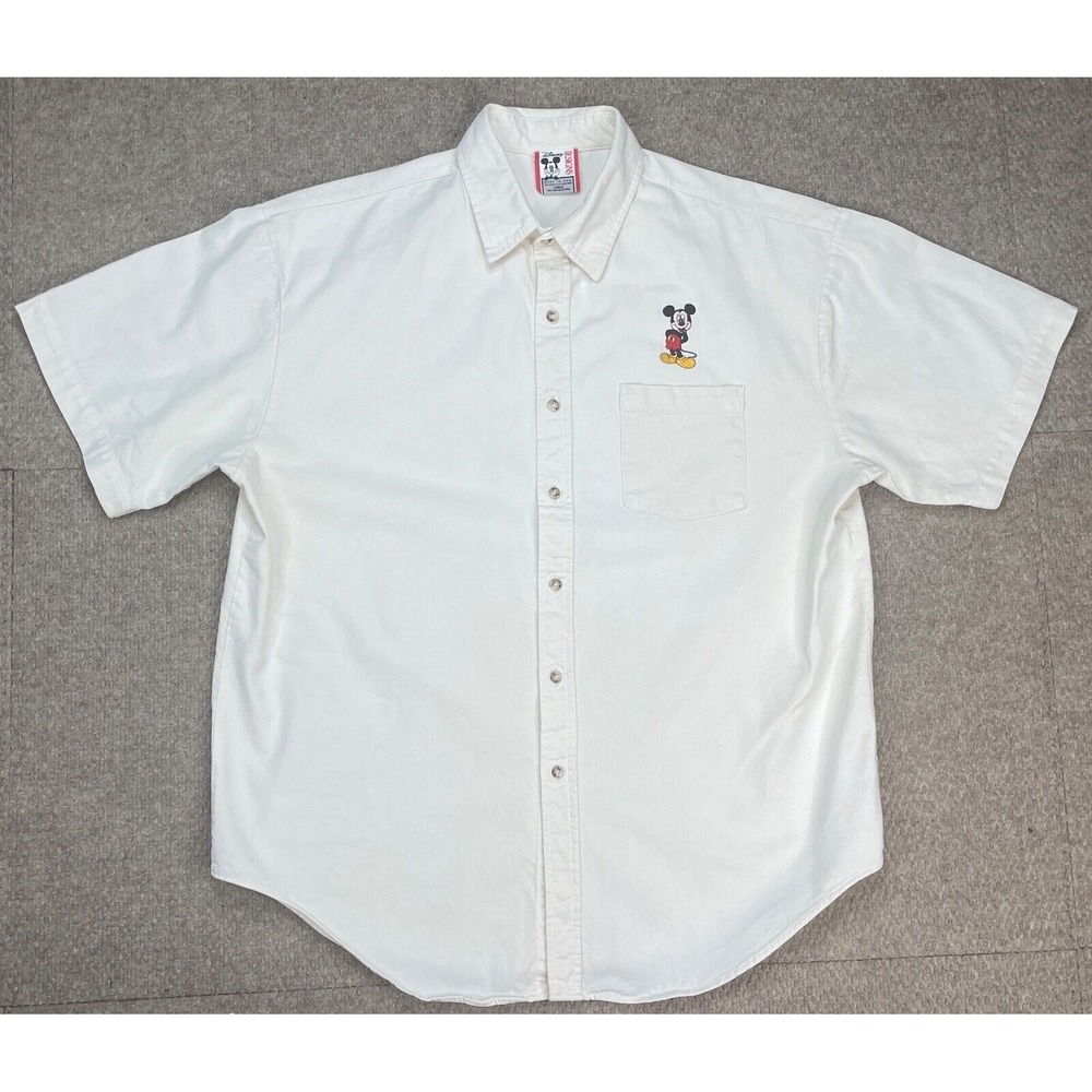 Disney Designs Men's Vintage White Denim Short Sleeve Mickey‎ Mouse Shirt Size L